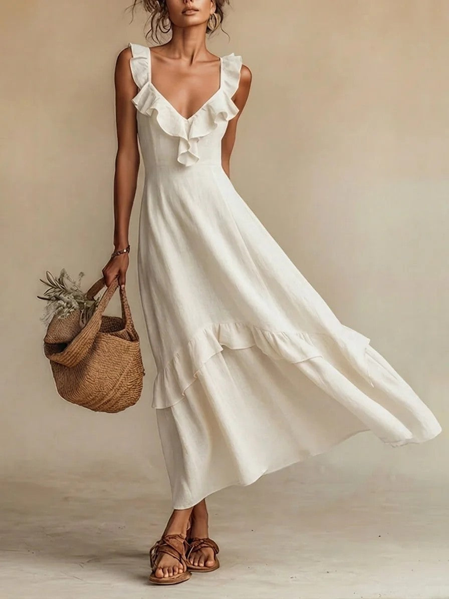 Elegant And Chic Cotton-Linen Dress With Ruffled Flutter Sleeves And A Flowing Hem 