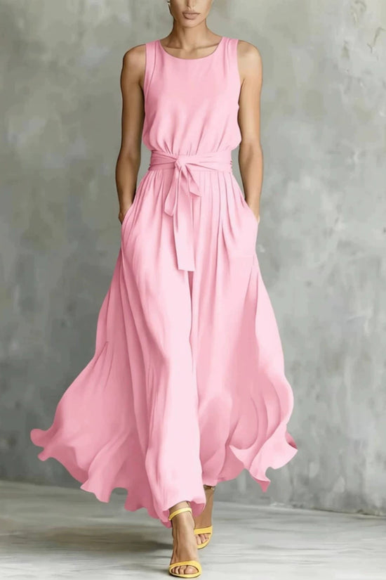 Womens Waist-Cinching Lace-Up Sleeveless Dress 