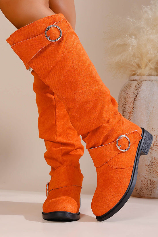 Pleated Flat-bottom Western Cowboy Boots For Women With Belt Buckle 