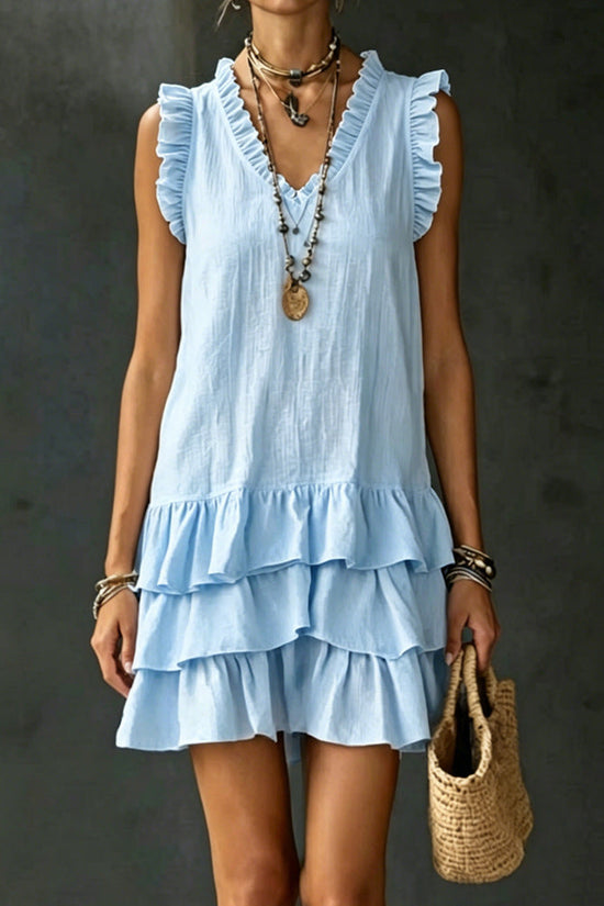 Women's Casual V-Neck Ruffle-Trim Sleeveless Dress 