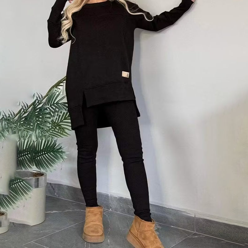Women's 2-Piece Lounge Set, Casual Long Sleeve Side Slit Sweatshirt Outfit With Stretchy High Waist Leggings CJ US