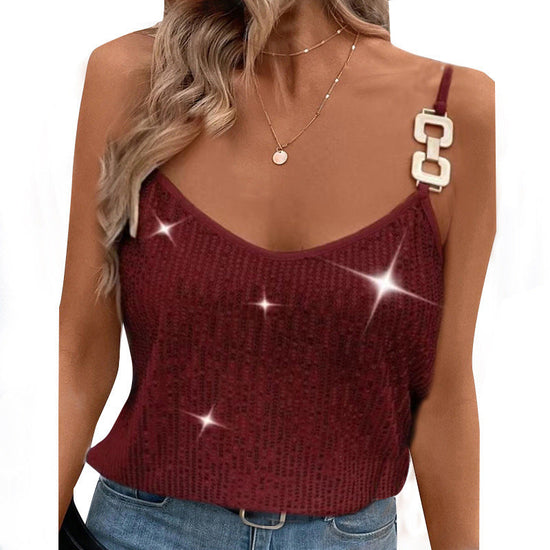 Sequin V-Neck Camisole – Rhinestone Strap Sparkly Top 