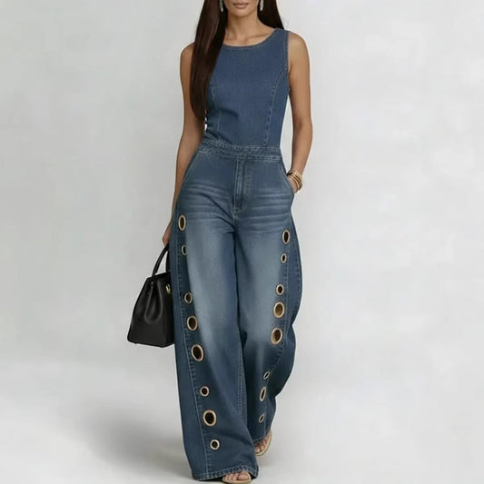 High-waisted Loose-fit Cutout Metal-detail Denim Jumpsuit 