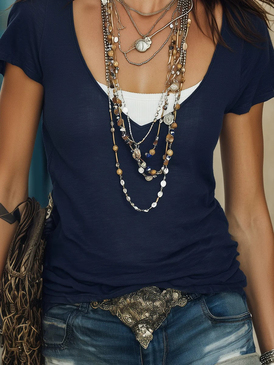 Women's Casual Fashion Solid Color Fake Two-Piece Short-Sleeve T-Shirt 