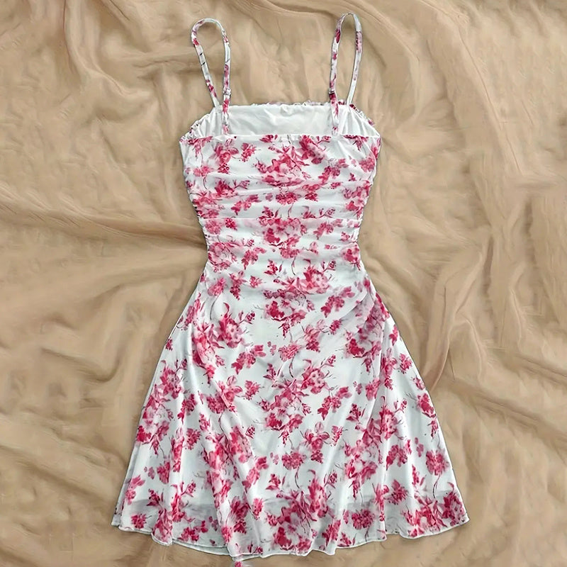 Women's Boho Floral Print Mini Dress Spaghetti Strap Ruched Ruffle Hem Vacation Sundresses CJ