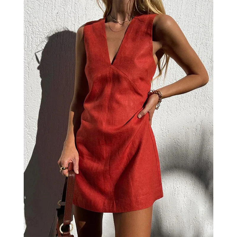 V-neck Cotton And Linen Sleeveless Dress Women's Solid Color Vest Short Skirt FitiqueFit
