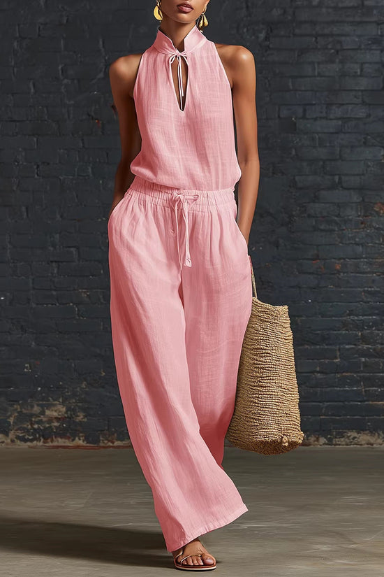 Urban-style Cotton And Linen Top And Wide-leg Pants Set 