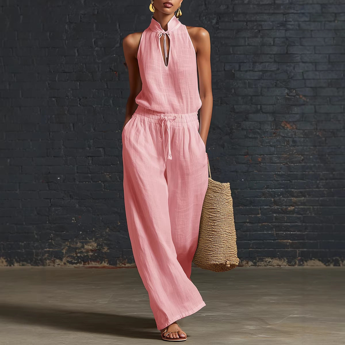 Urban-style Cotton And Linen Top And Wide-leg Pants Set 