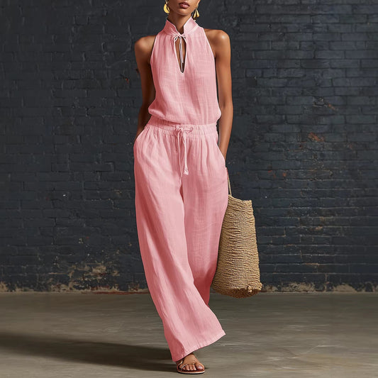 Urban-style Cotton And Linen Top And Wide-leg Pants Set 