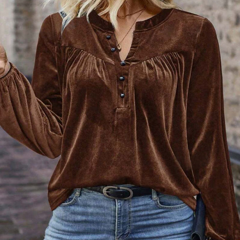 Women's Solid Color V-Neck Button Detail Long Sleeve Pullover CJ US