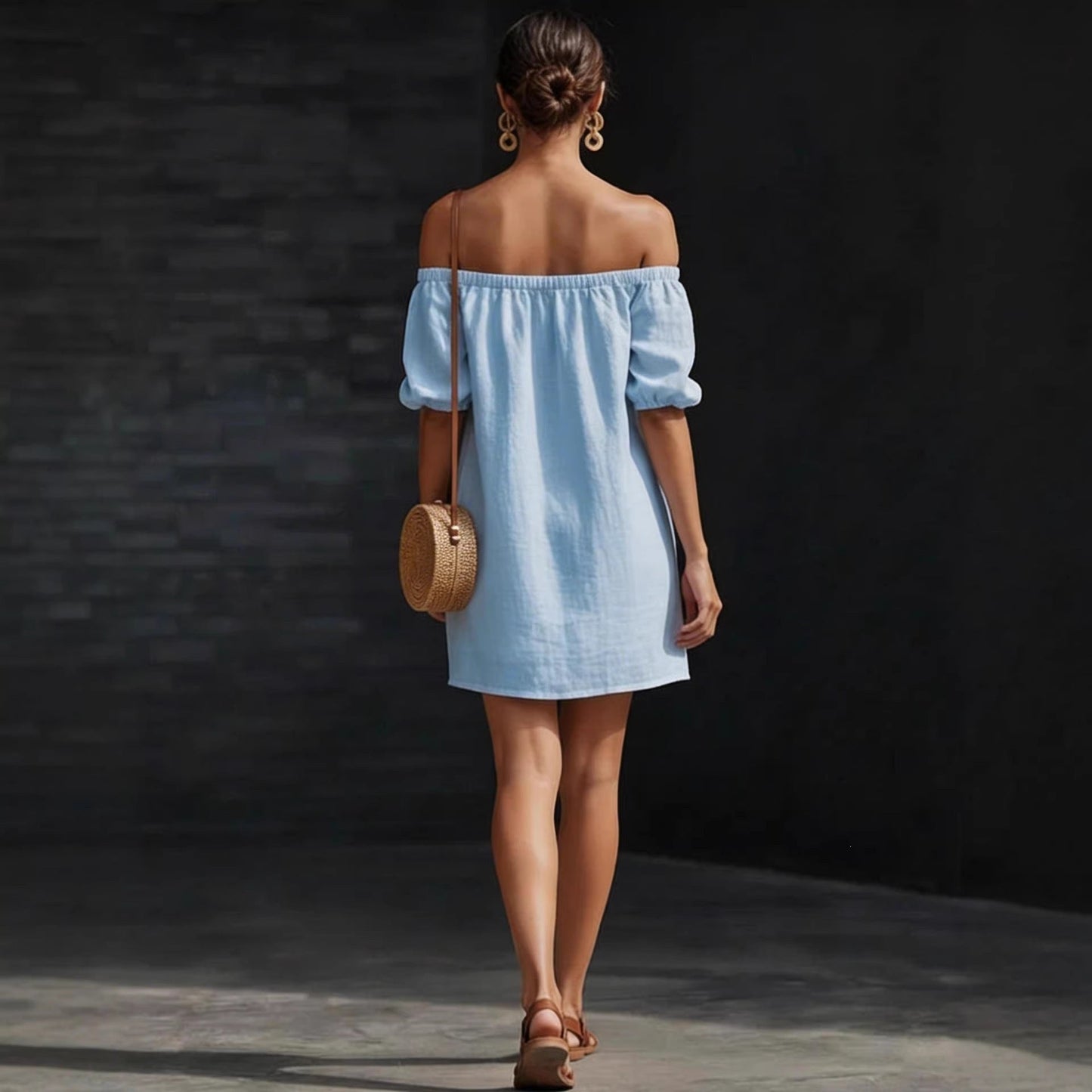 Cotton-linen Womens Off-shoulder Fashionable Loose-fitting Dress 