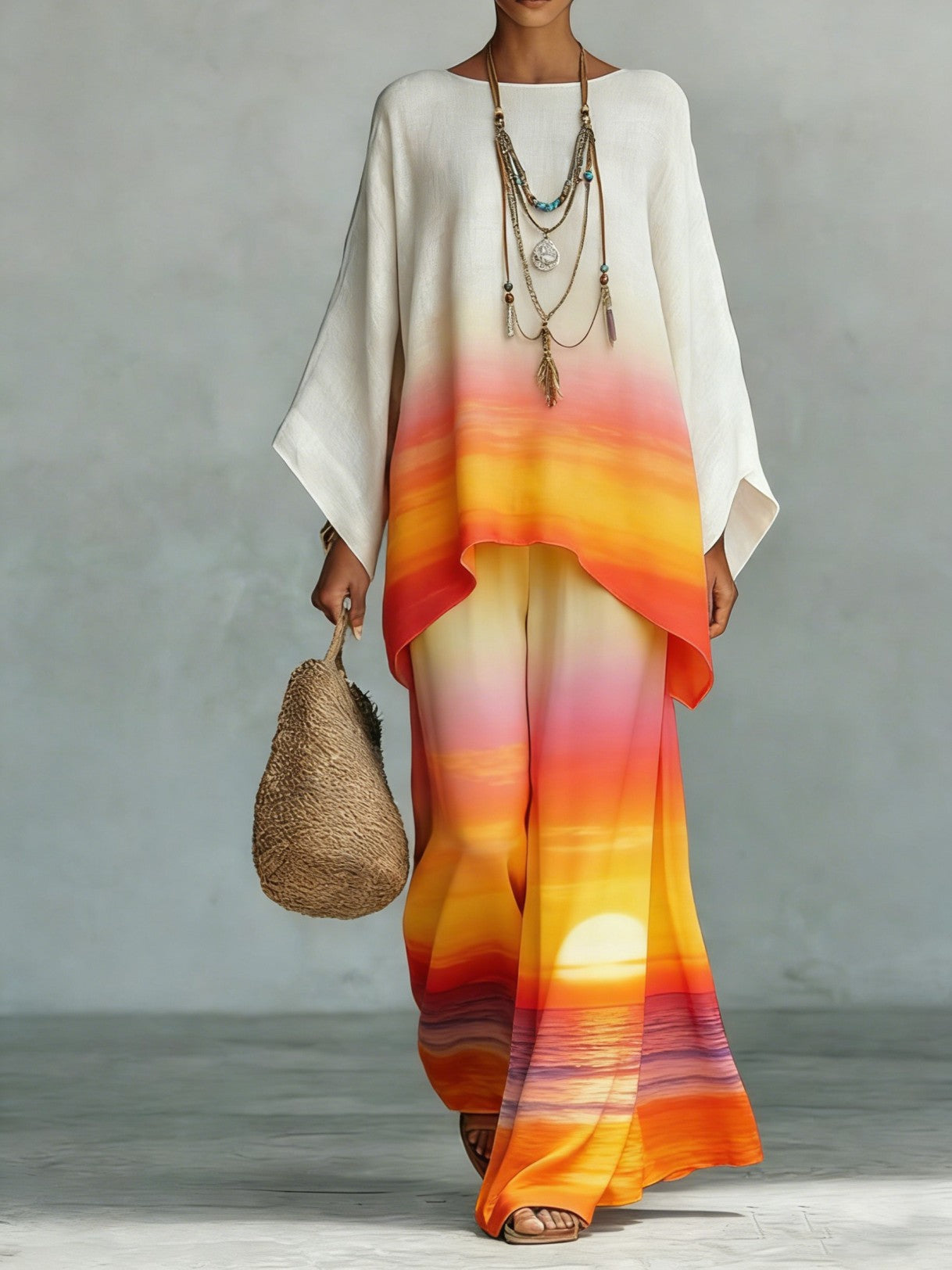 Women's Fashionable Printed Crew-Neck Casual Long-Sleeve Set 