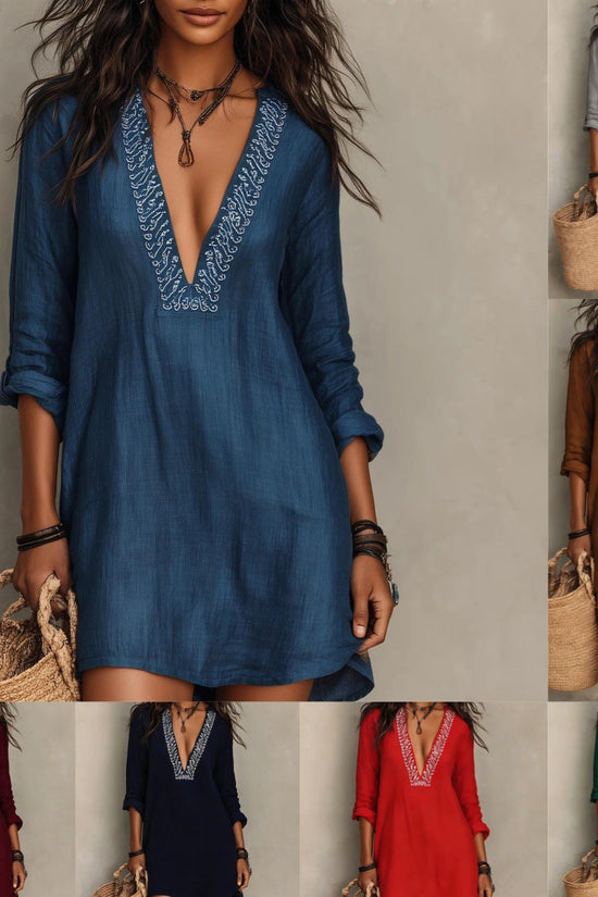 Resort-style V-neck Short-sleeve Solid-color Womens Maxi Dress 