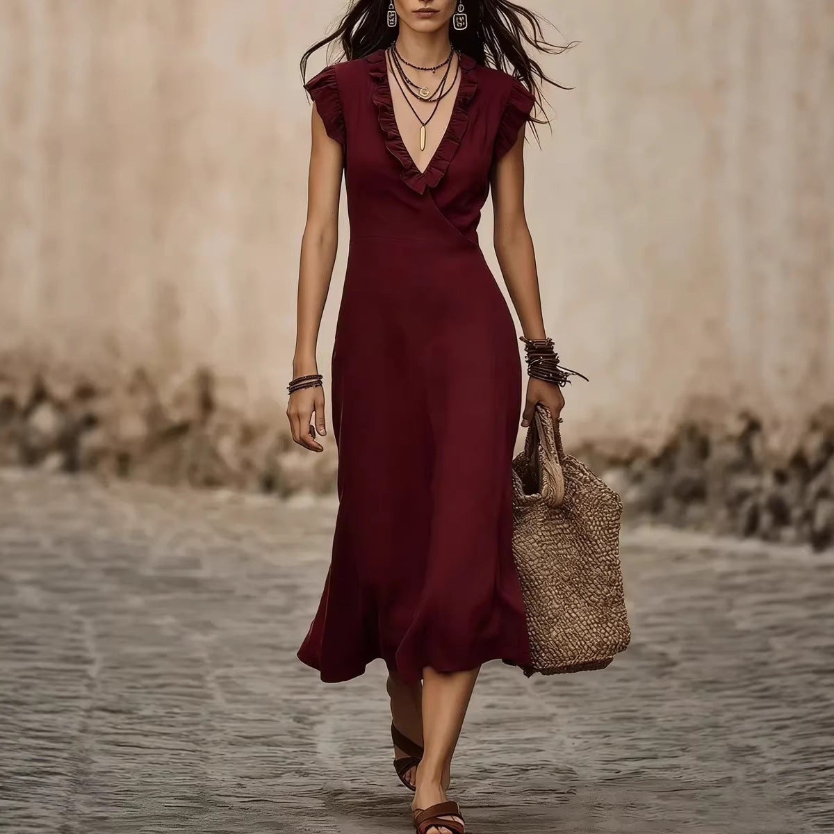 V-neck Cotton-Linen Flutter Sleeve Ruffle-trimmed Midi Dress For Women 