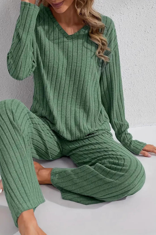 Ribbed Long-Sleeve Top And Pants Casual Comfortable Womens Loungewear Set 