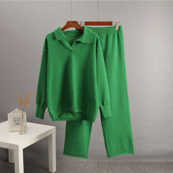 European And American-style Solid-color Lapel Sweater Set For Women, FallWinter 