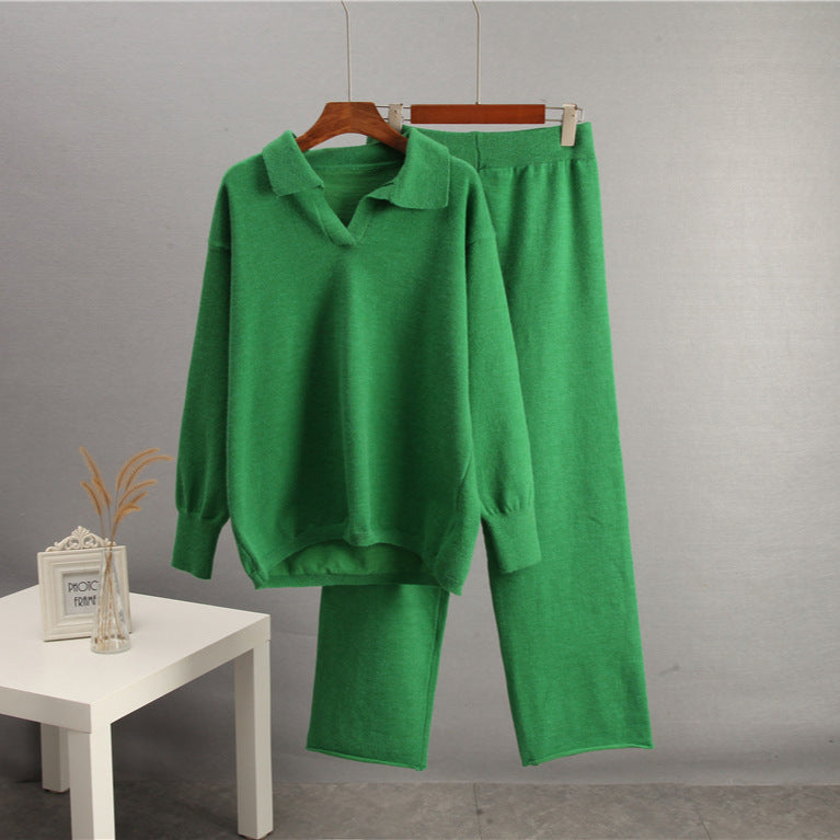 European And American-style Solid-color Lapel Sweater Set For Women, FallWinter 