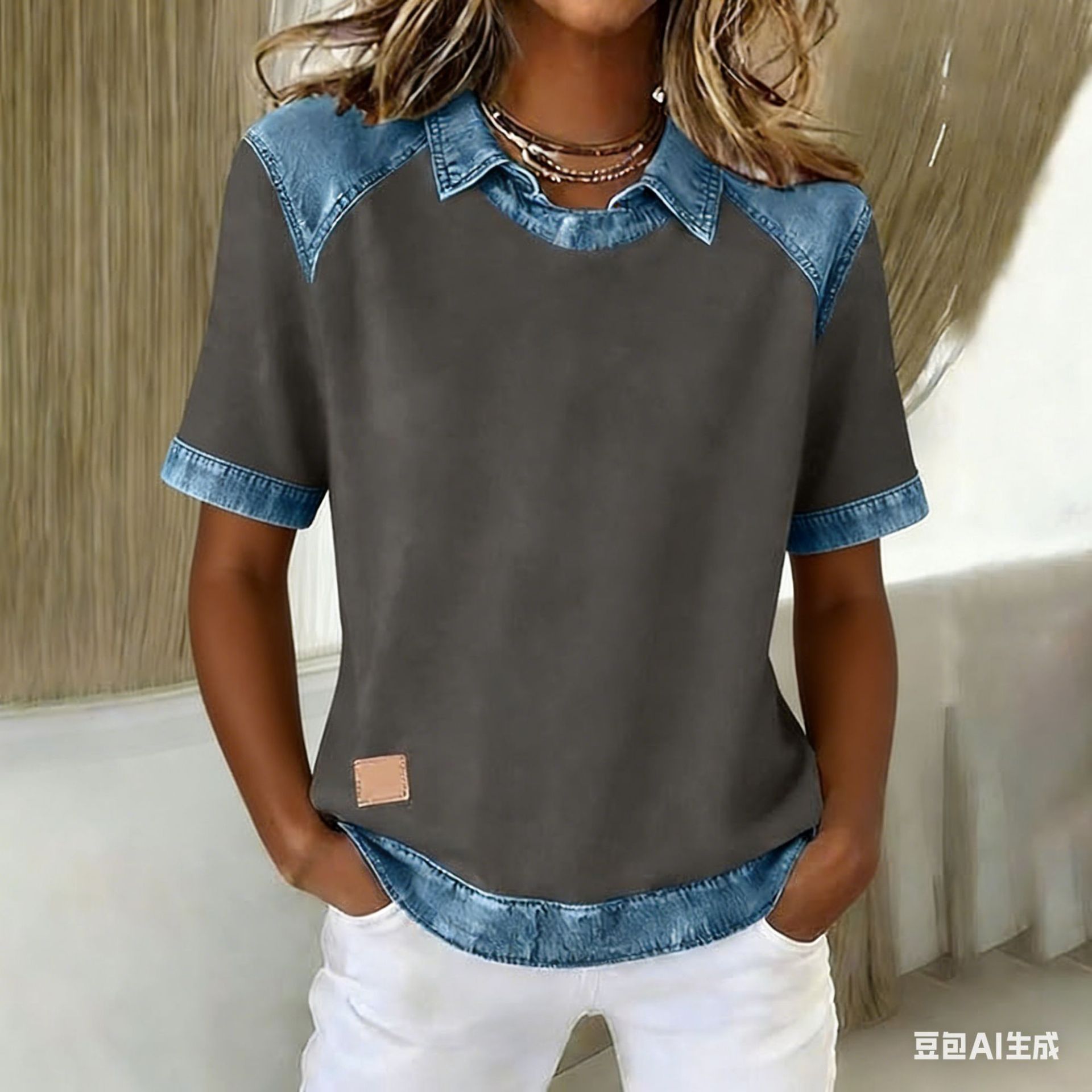 Patchwork Knitted Shirt Short-Sleeve Lapel Button-Up Shirt For Women 