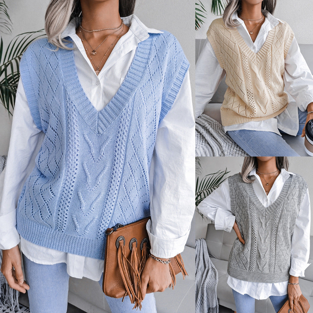 Hollowed-out Twisted V-neck Knitted Vest Sweater For Women CJ US
