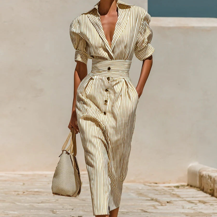Commuter-style Striped Lace-up Dress 