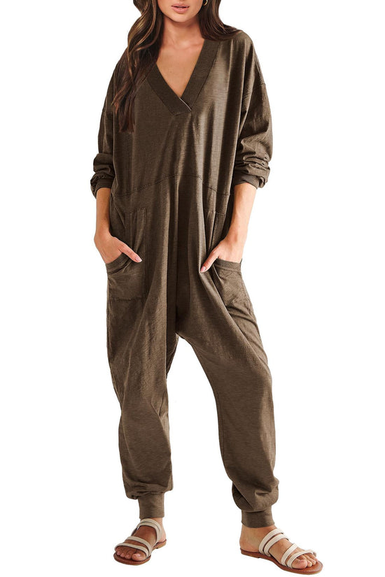 Women's V-neck Long Sleeve Solid Color Loose Jumpsuit With Two Side Pockets 