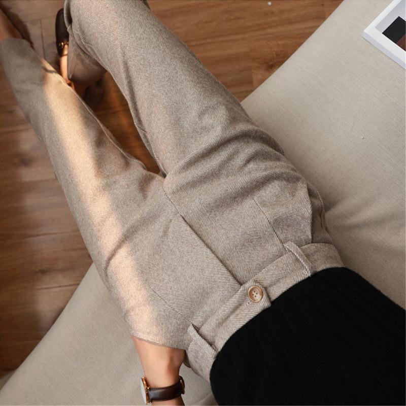 Women's Solid Color Wool-Like Tapered Trousers, Classic Ankle-Length Pants For Office And Formal Wear 