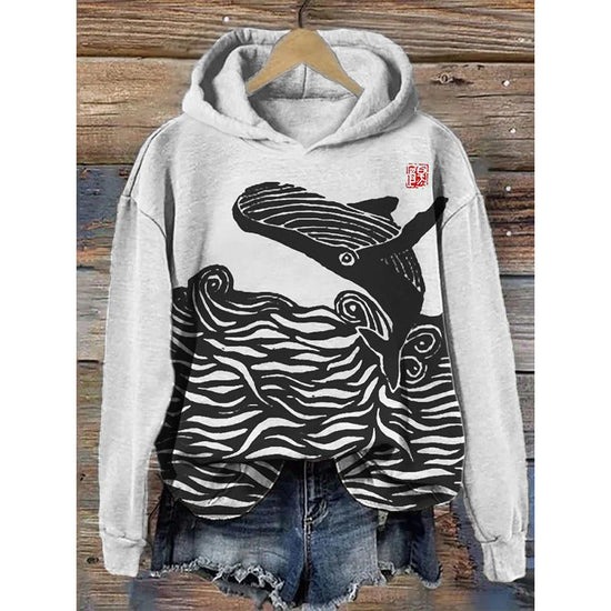 Womens Printed Hooded Long-Sleeve Pullover Sweatshirt 
