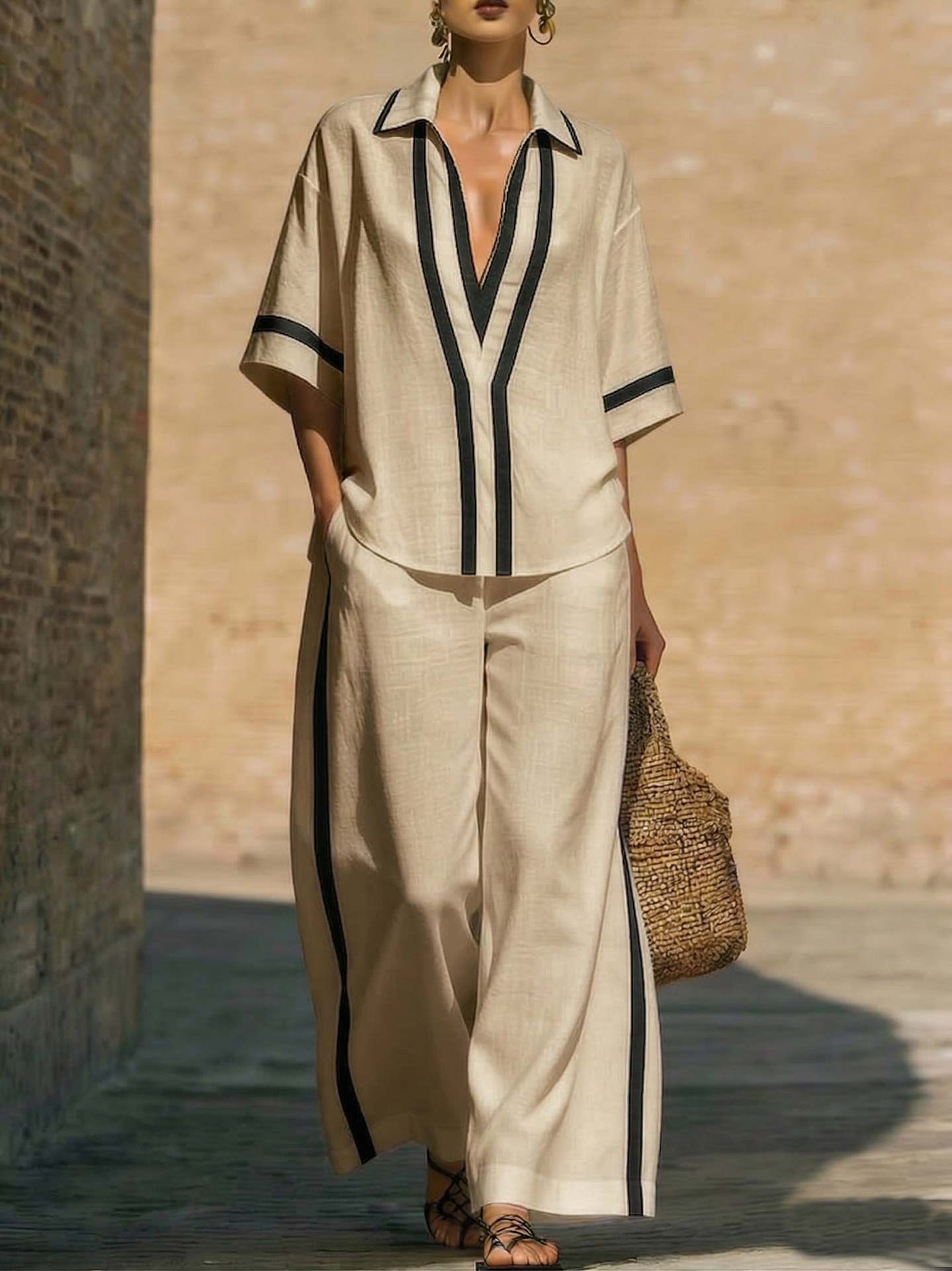 Fashionable Loose Casual Color-Block Short-Sleeve Shirt And Wide-Leg Pants Two-Piece Set 