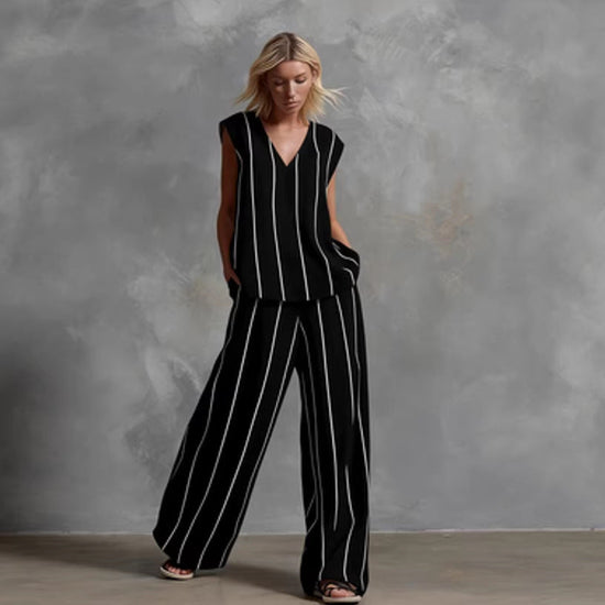 French Minimalist Black And White Vertical Stripe Loose Cotton-Linen Womens Set 