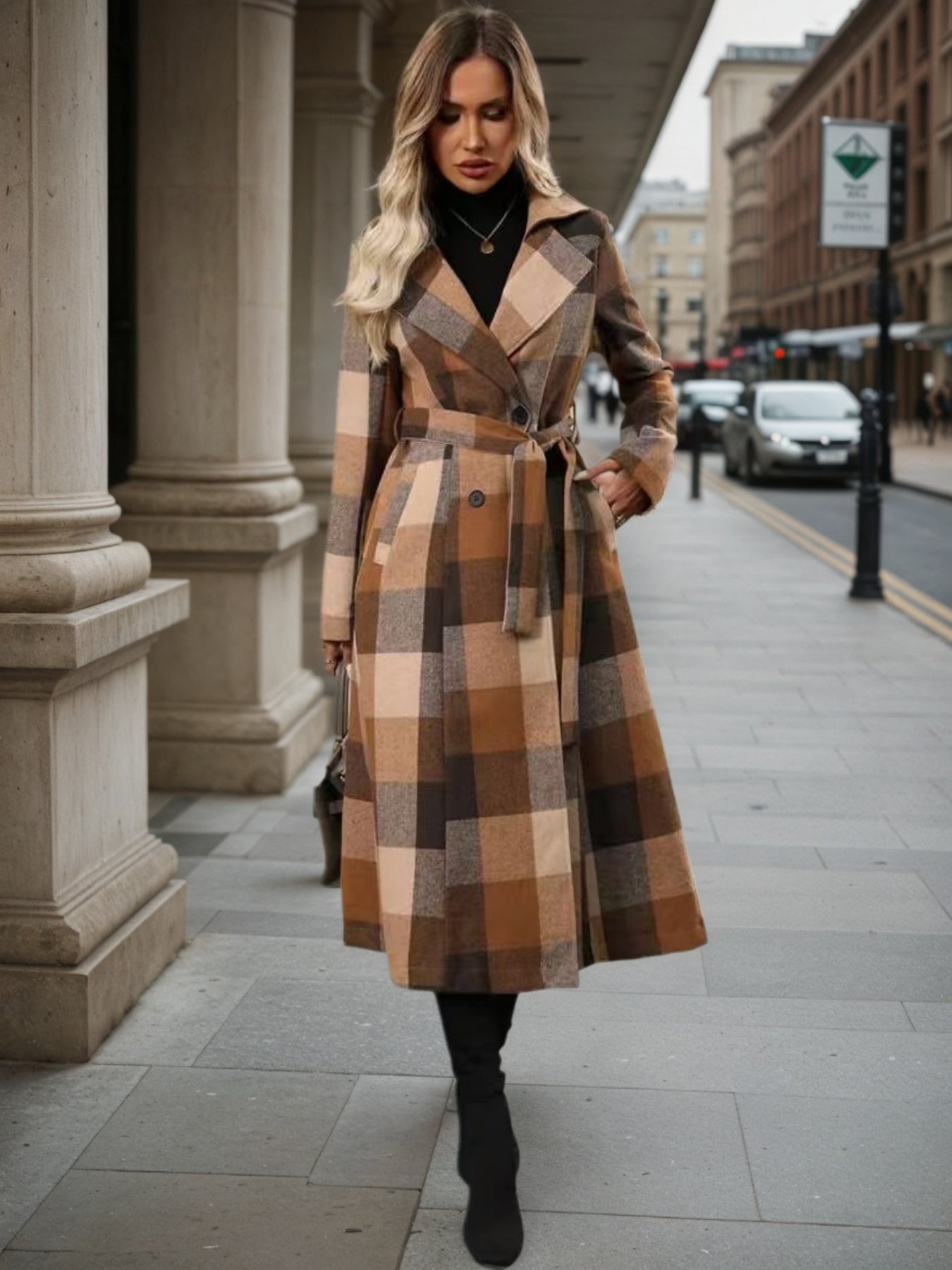 Women’s Lapel Woolen Double-Breasted Coat – Lace-Up Long Windbreaker - FitiqueFit