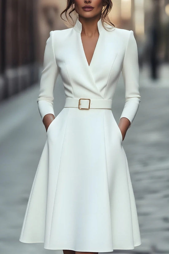 Solid Color Waist V-Neck Long Sleeve Swing Dress, Women's Autumn Winter Dress 