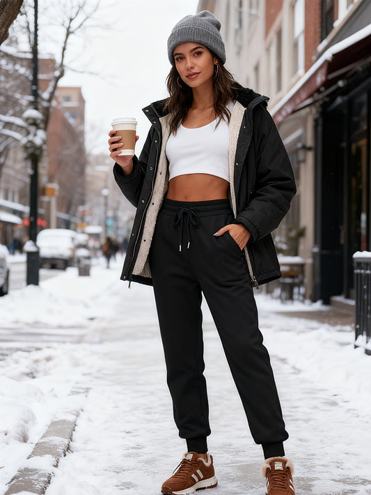 Women's Fleece Sweatpants Jogger Fleece Pants With Drawstring Waist, Boyfriend Style, Long, Solid Color, Slightly Stretchy Fabric 