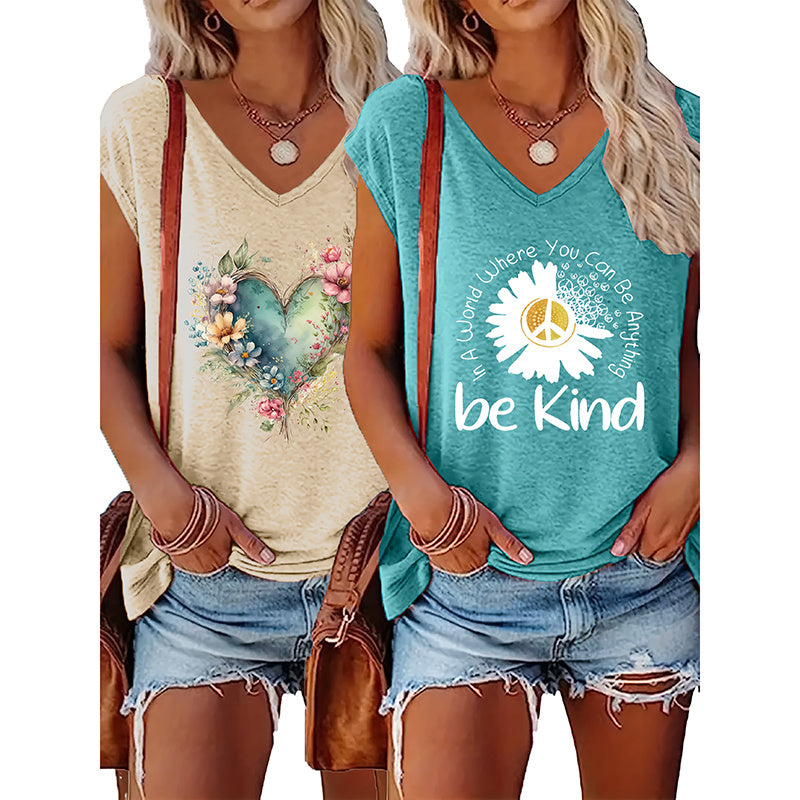 2-Pack Women's Floral T-Shirts Be Kind Wildflowers Graphic Print Casual V-Neck Tee Tops CJ