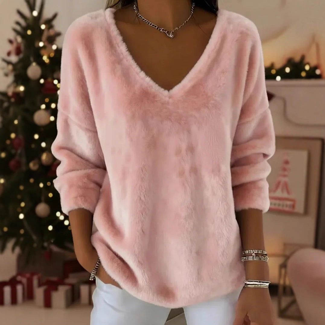 New Womens Plush Pullover With A Drop-shoulder V-neck And Long Sleeves 