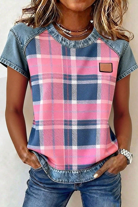 Women's Retro Denim Patchwork Short-Sleeve Shirt – Loose Fit 