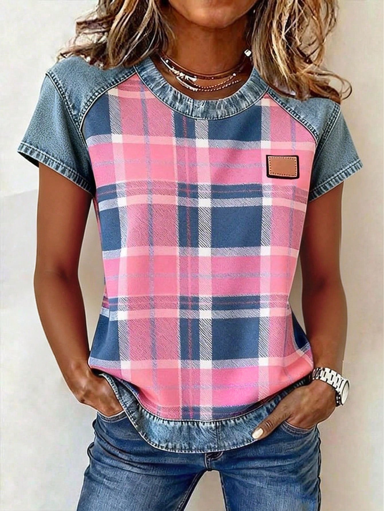 Women's Retro Denim Patchwork Short-Sleeve Shirt – Loose Fit 