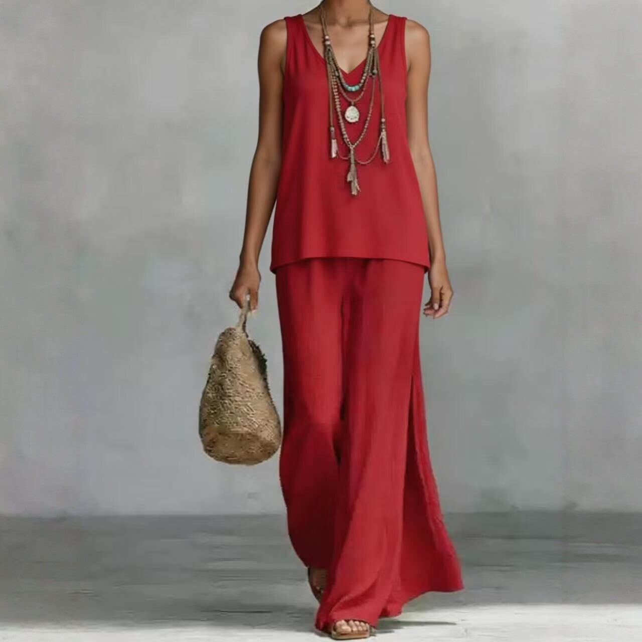 New Casual Bohemian-style Wide-leg Pants And V-neck Vest Set 