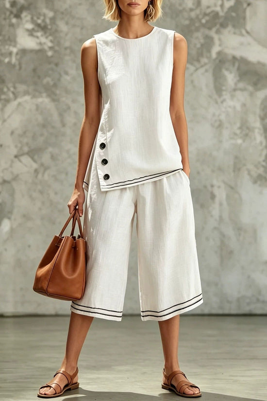 Sleeveless Side-split Tank Top Paired With Wide-leg Cropped Pants Womens Two-piece Set 