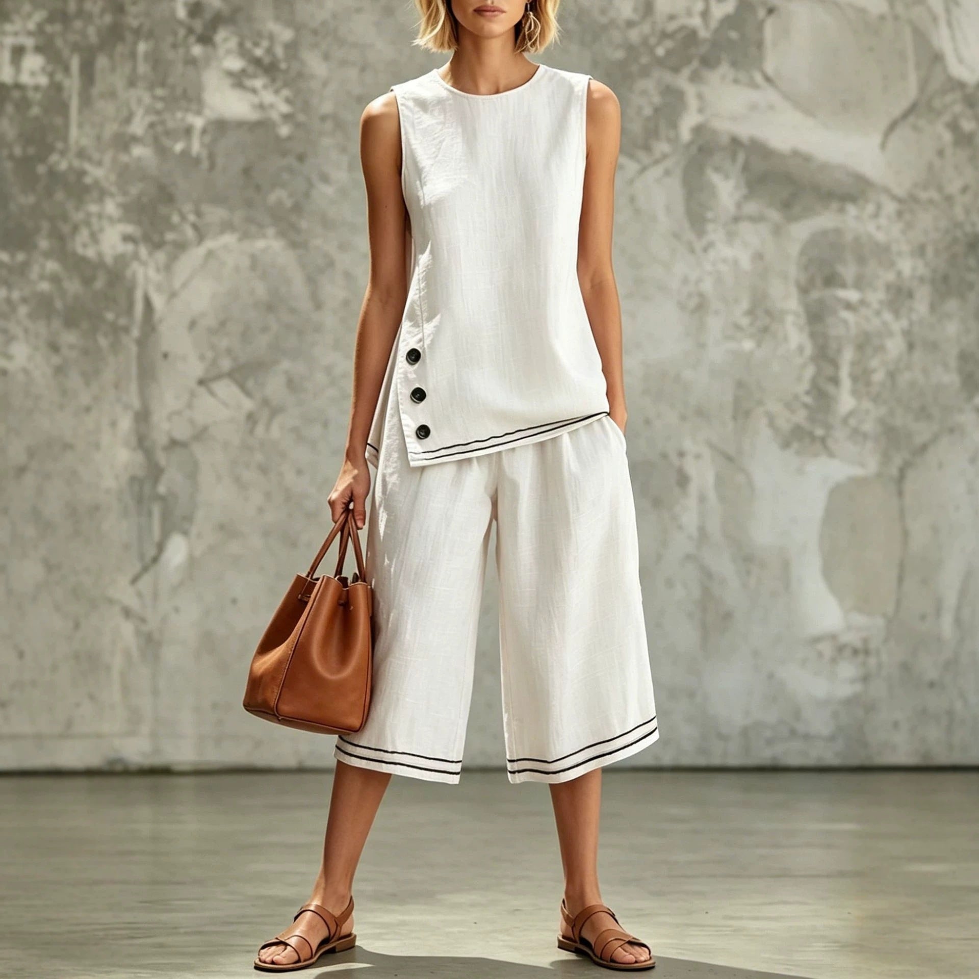Sleeveless Side-split Tank Top Paired With Wide-leg Cropped Pants Womens Two-piece Set 