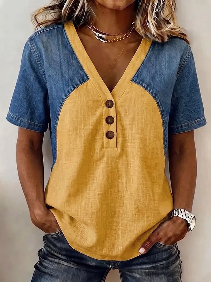 Fashionable Trendy Womens Loose Denim Patchwork T-Shirt 