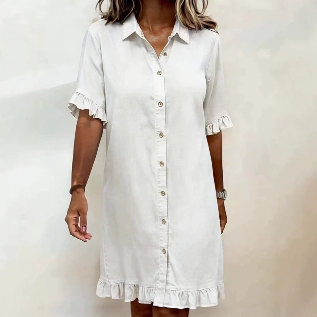 Solid-color Faux Denim Ruffled-edge Shirt Dress 