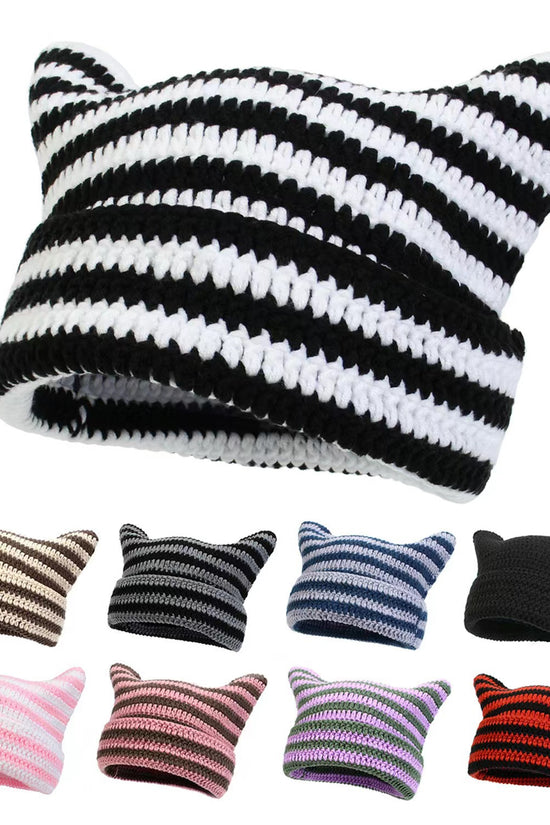 Women’s Hand Knitted Striped Cat Hat – Cute Warm Winter Beanie - FitiqueFit