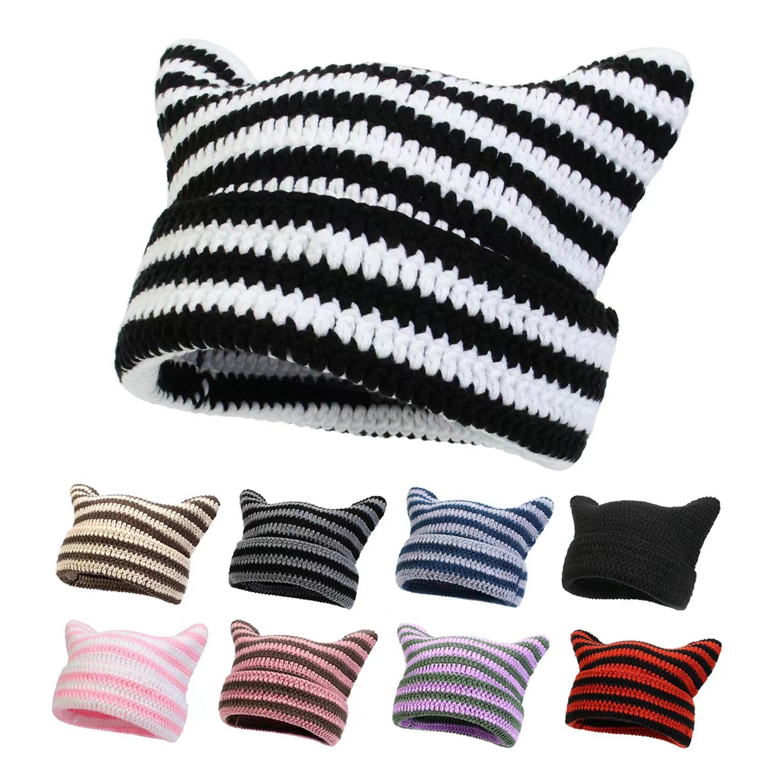 Women’s Hand Knitted Striped Cat Hat – Cute Warm Winter Beanie - FitiqueFit