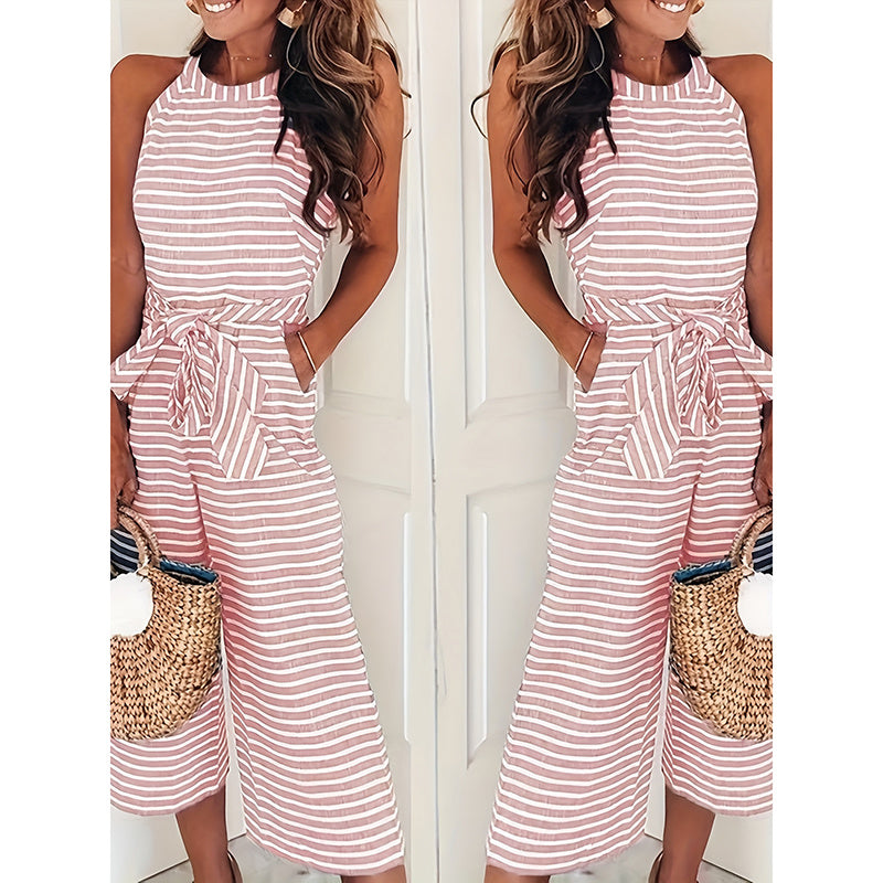 Womens Casual Striped Jumpsuits Summer Cap Sleeve Wide Leg Jumper Romper Button Down Travel Beach Outfits CJ US