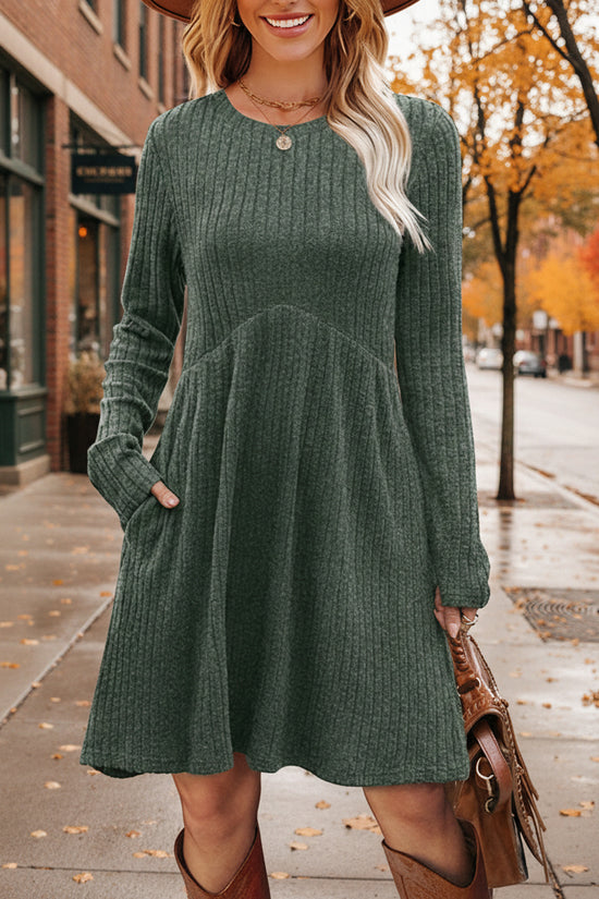 Women's Solid Color Long Sleeve Knit Dress Round Neck Pocket Shift Dress For Spring & Fall CJ US