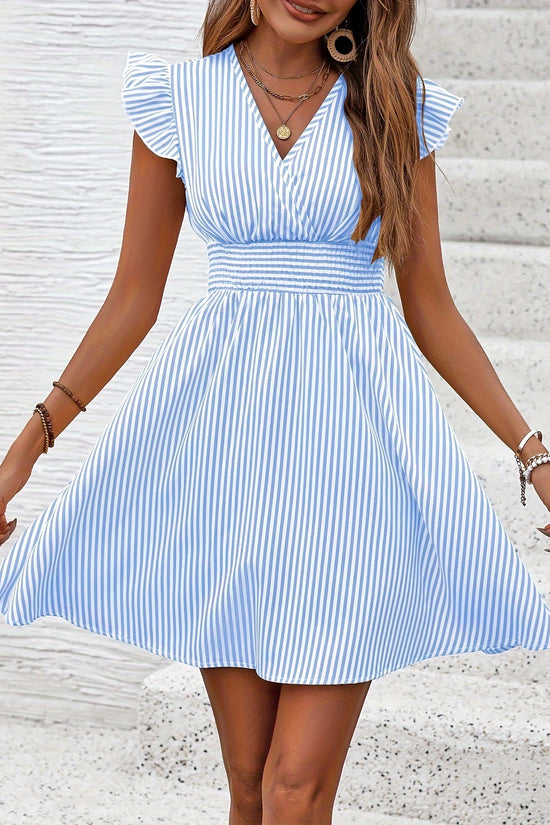 Women's Mini Dress V Neck Flutter Sleeve Striped Summer Dress CJ US