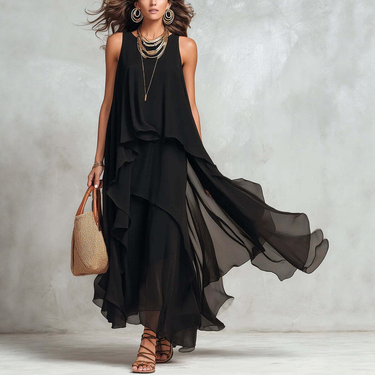 Black Sleeveless Asymmetrical Chiffon Maxi Elegant Flowing Womens Dress 
