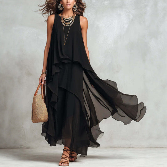 Black Sleeveless Asymmetrical Chiffon Maxi Elegant Flowing Womens Dress 