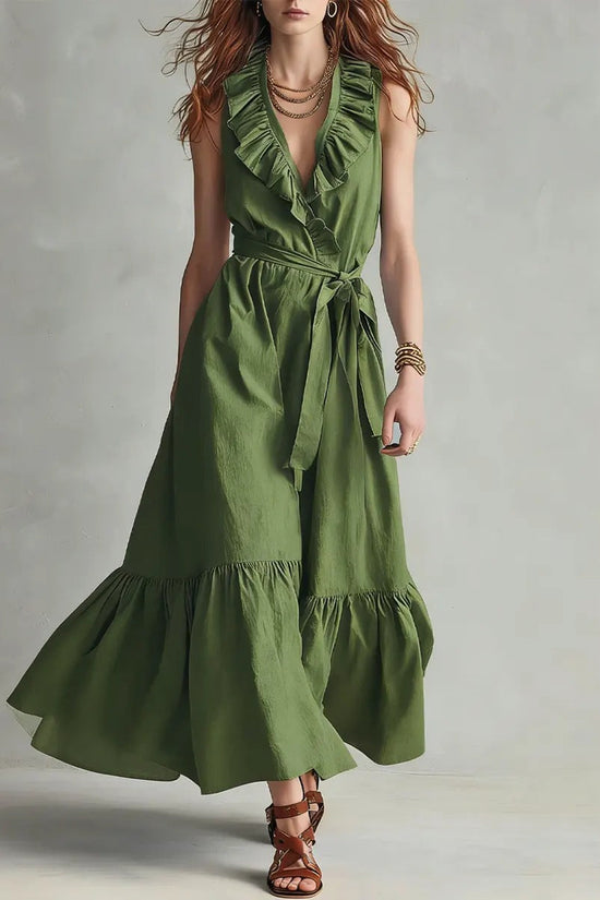 V-neck Sleeveless Lace-Up Panelled Dress 