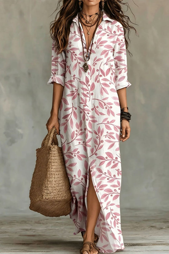 Casual Lapel-Neck Long Digital-Print Womens Shirt Dress 